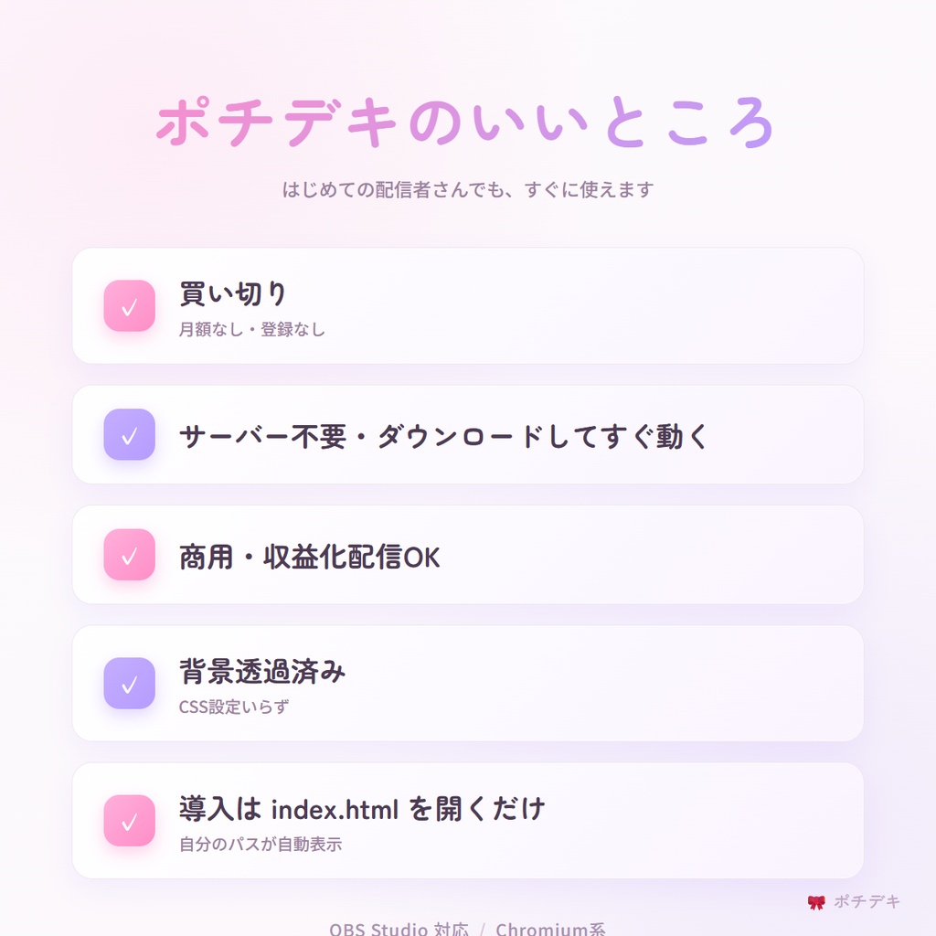 【OBS配信素材】ポチデキ|動くウィジェット4種+4テーマ(耐久カウンター/作業タイマー/告知テロップ/投票)