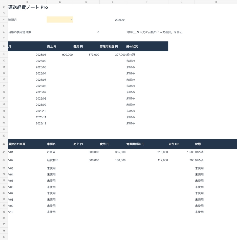 運送経費ノート Pro|車両別採算・燃費・整備管理【Excel+自動保存ブラウザー版】