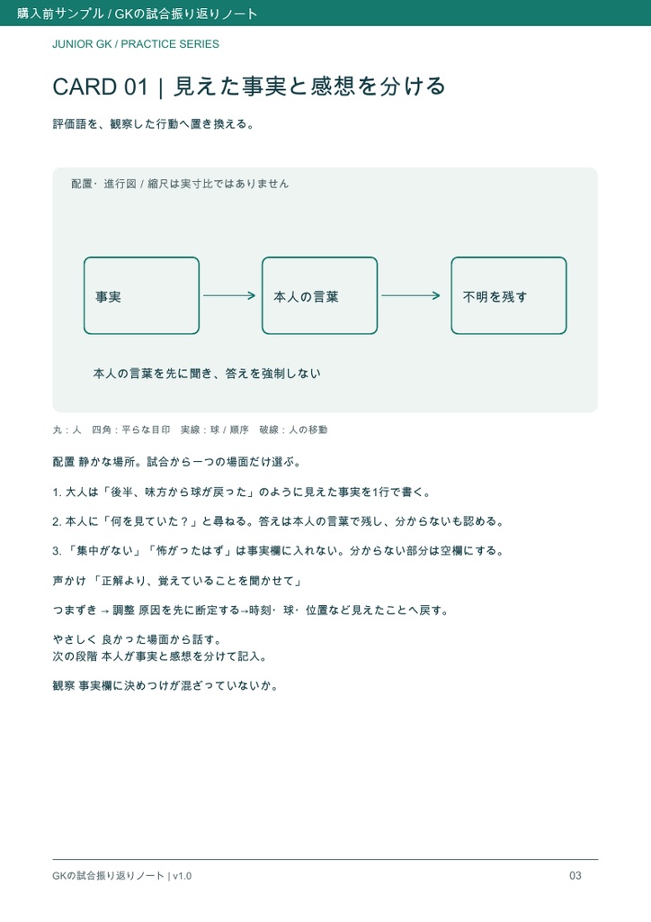 GKの試合振り返りノート|一つの場面から、次の練習を決める【会話・記録シート/PDF12ページ】