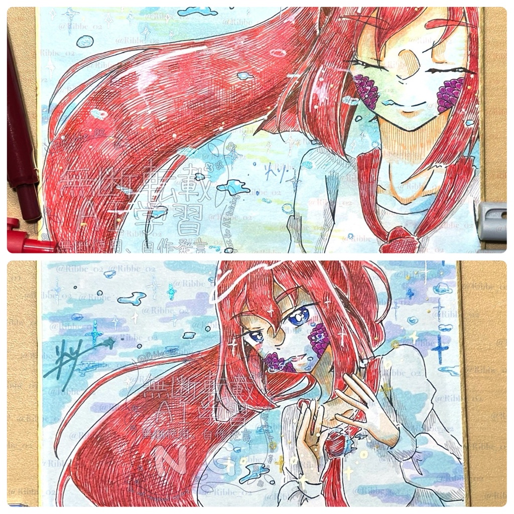 【一次創作】小色紙原画　カインは水の中