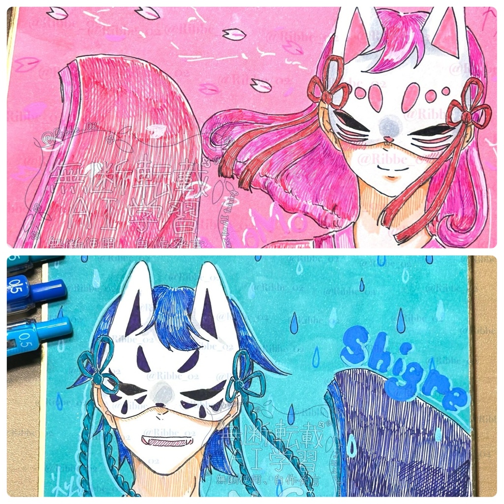 【一次創作】小色紙原画　狐面の双子