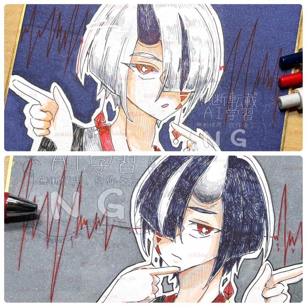 【一次創作】小色紙原画　鬼の双子