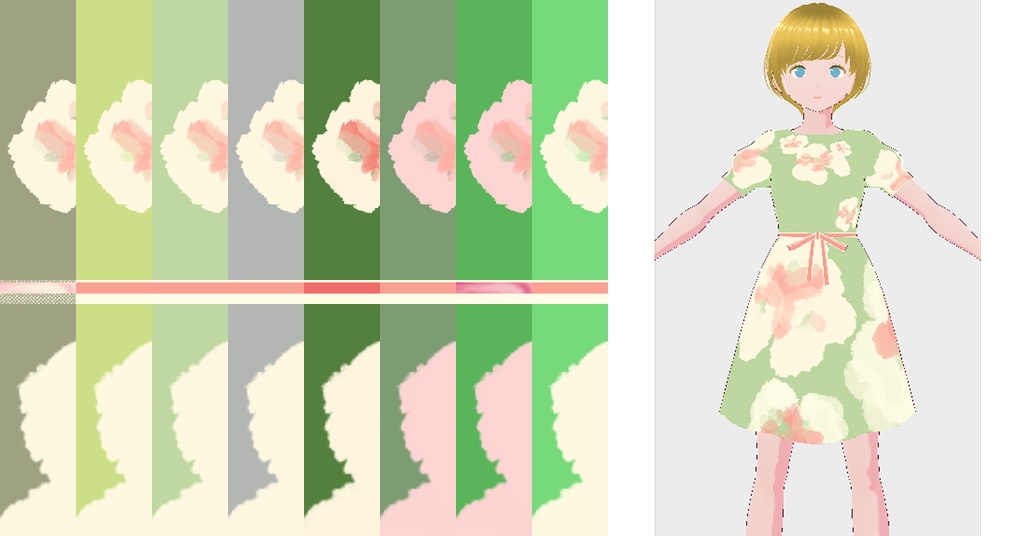 【Free DL・VRoidテクスチャ・クレジット不要・商用利用可】うららかな大判花柄ワンピース緑系17種