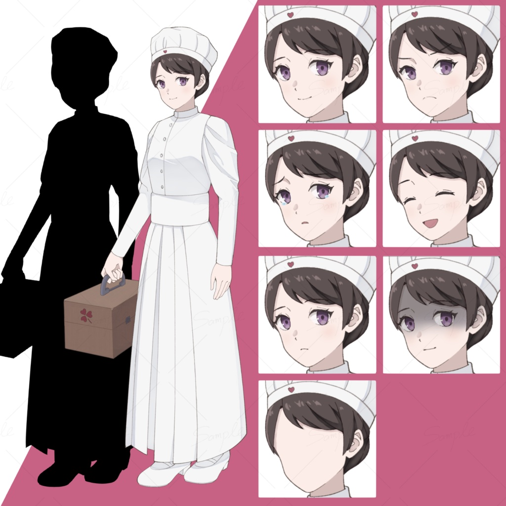 立ち絵素材(明治、大正時代の看護婦の女性:表情6種+1、シルエット)