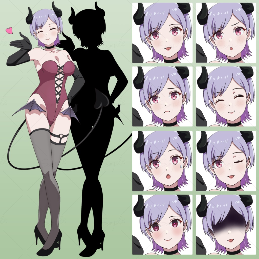 ショートヘアのサキュバス:立ち絵素材(表情8種+1、シルエット)