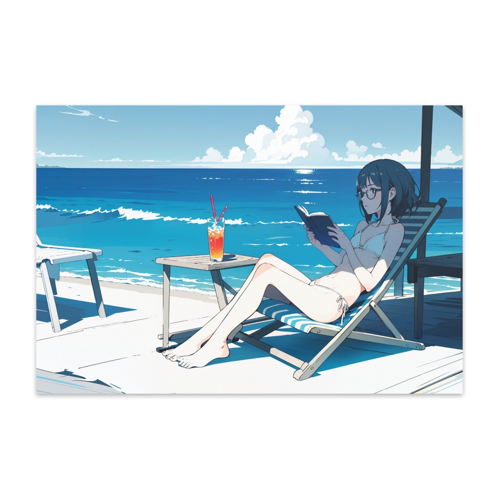海辺で読書　ポストカード