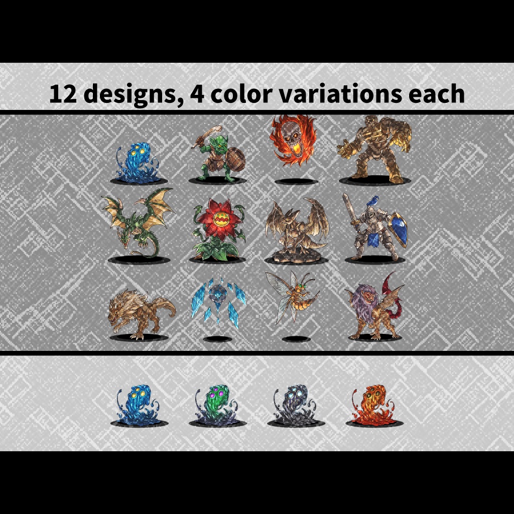 クリーチャー素材集01 クリーチャーPNG素材(12種×4色)商用利用可