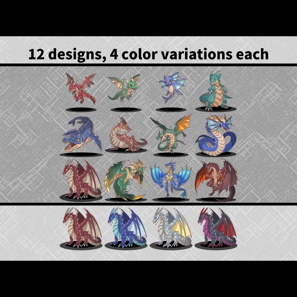 クリーチャー素材集12 クリーチャーPNG素材(12種×4色)商用利用可