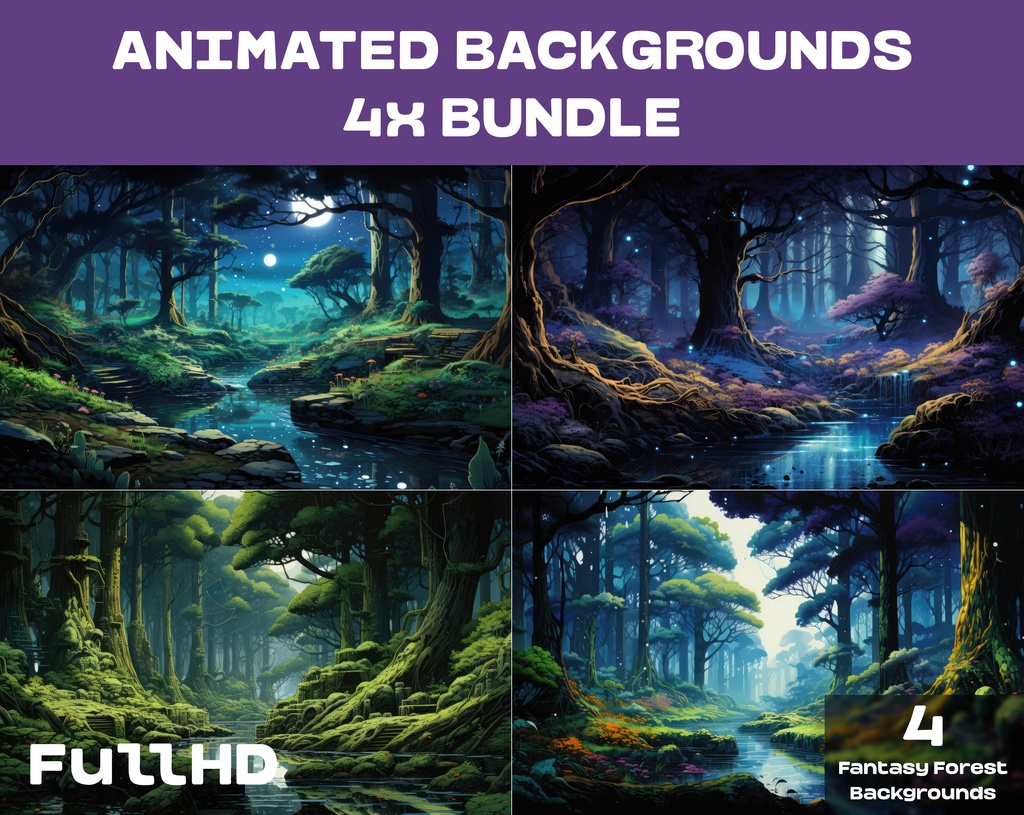 4 Fantasy Forest Animated Backgrounds / 4 ファンタジーの森のアニメーション背景
