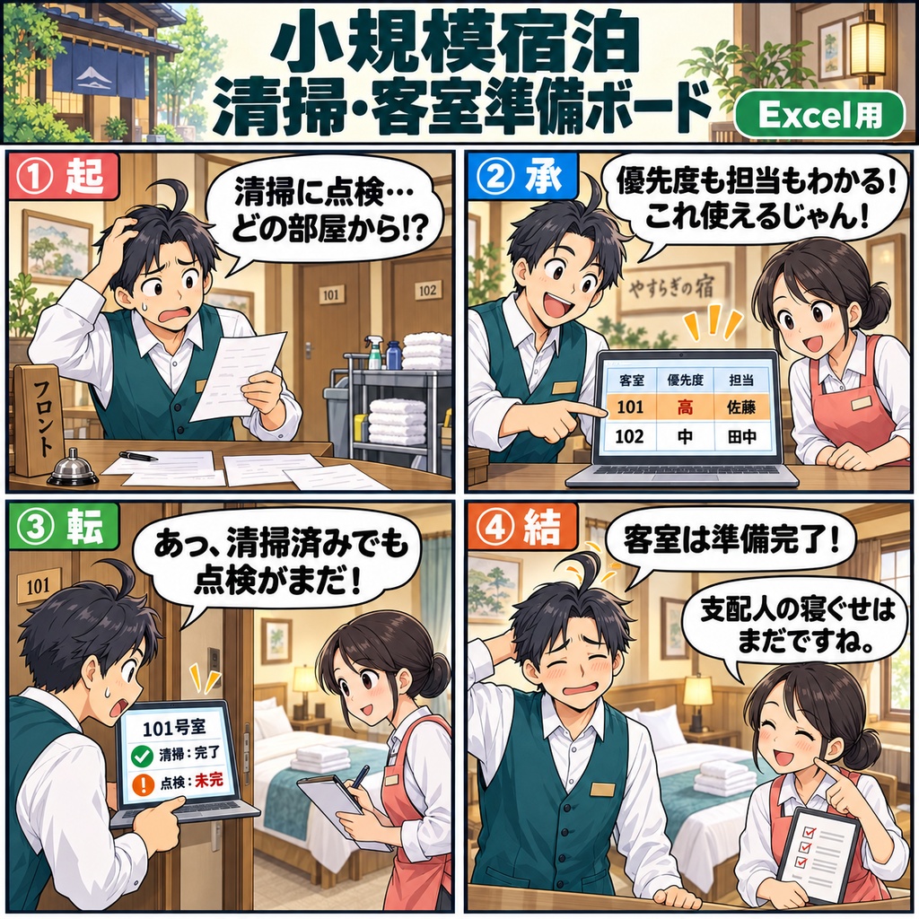小規模宿泊 清掃・客室準備ボード / Cleaning and Room Preparation Board for Small Lodging Properties