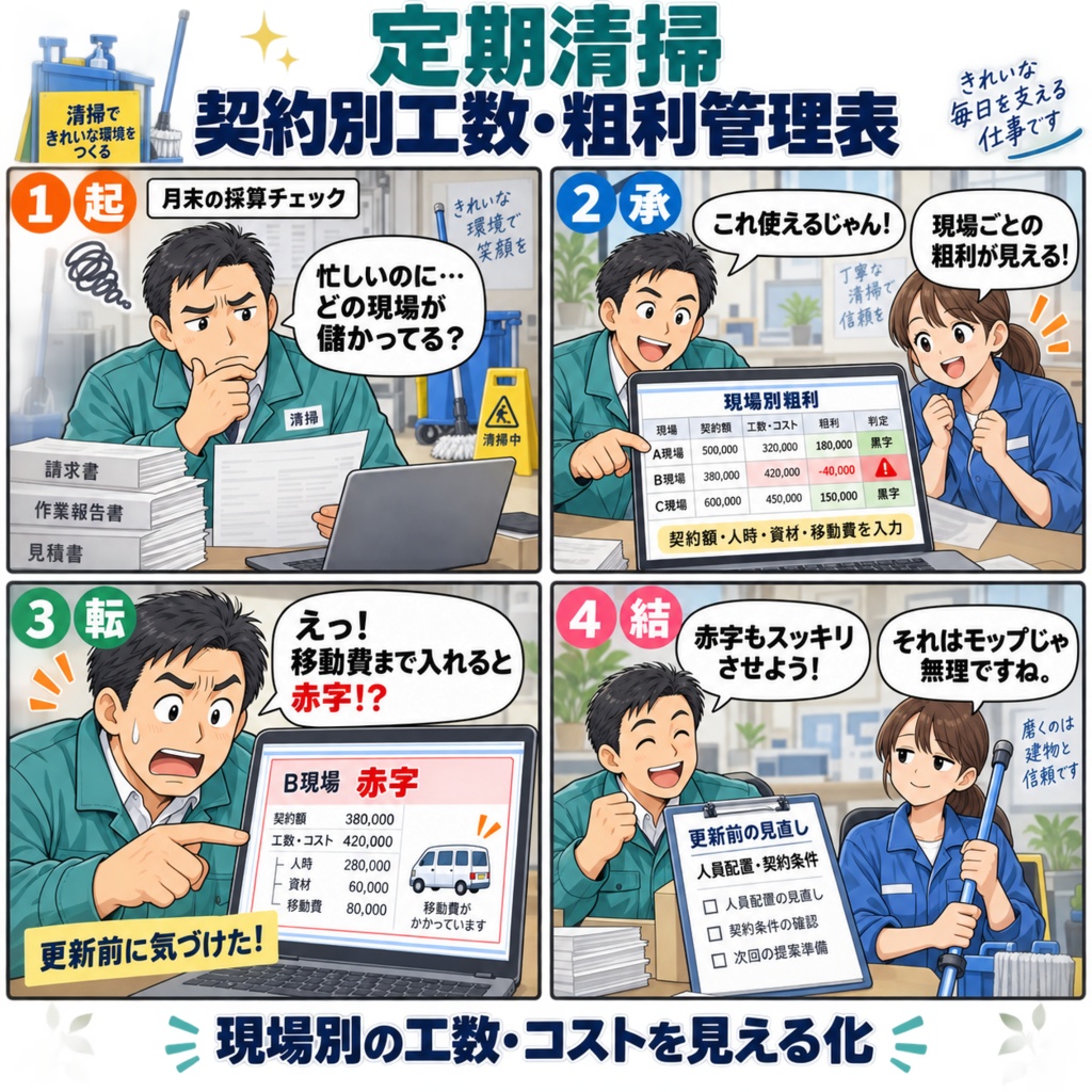 定期清掃 契約別工数・粗利管理表 / Periodic Cleaning Labor Hours and Gross Profit Tracker by Contract