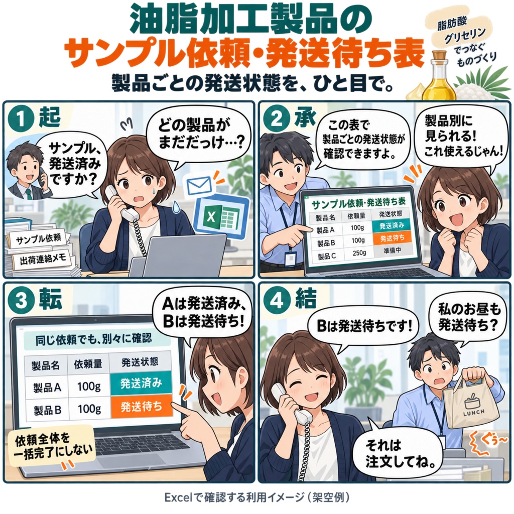油脂加工製品のサンプル依頼・発送待ち表 / Processed Fats and Oils Product Sample Request and Pending Shipment Tracker