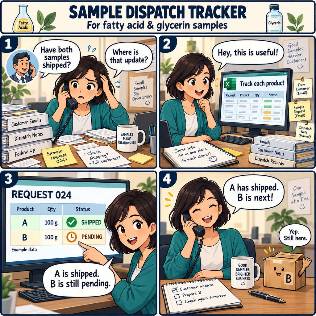 油脂加工製品のサンプル依頼・発送待ち表 / Processed Fats and Oils Product Sample Request and Pending Shipment Tracker