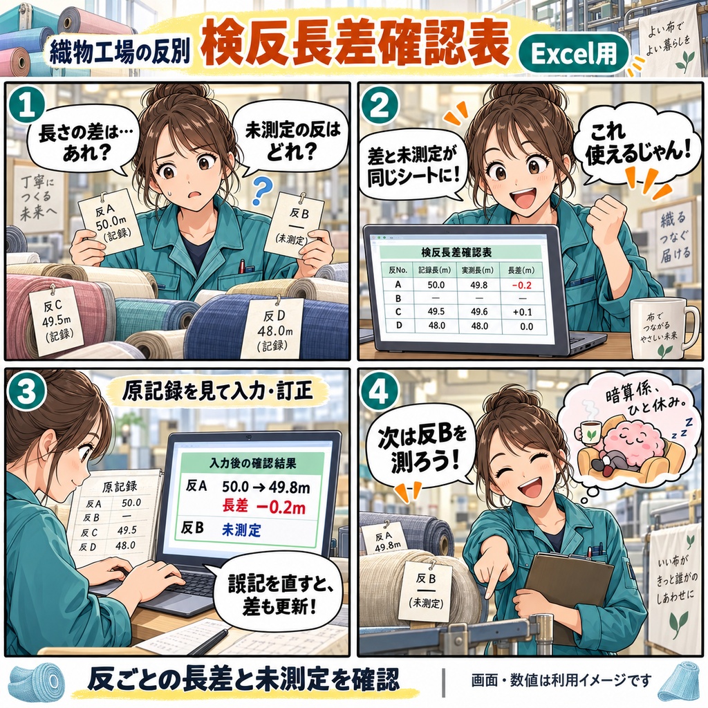 織物工場の反別 検反長差確認表 / Fabric Inspection Length Discrepancy Check Sheet by Roll for Weaving Mills