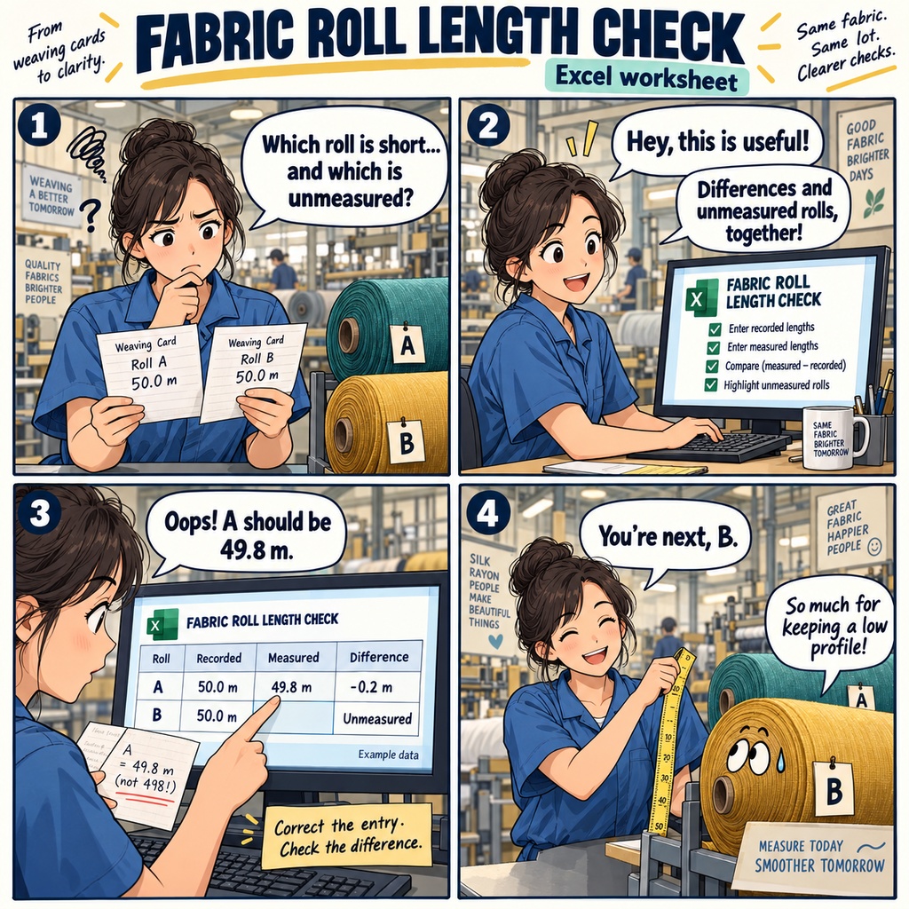 織物工場の反別 検反長差確認表 / Fabric Inspection Length Discrepancy Check Sheet by Roll for Weaving Mills