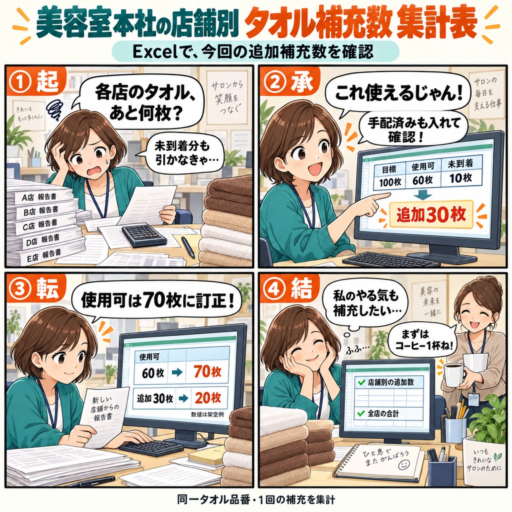 美容室本社の店舗別タオル補充数 集計表 / Hair Salon Headquarters: Towel Replenishment Quantity Summary by Location