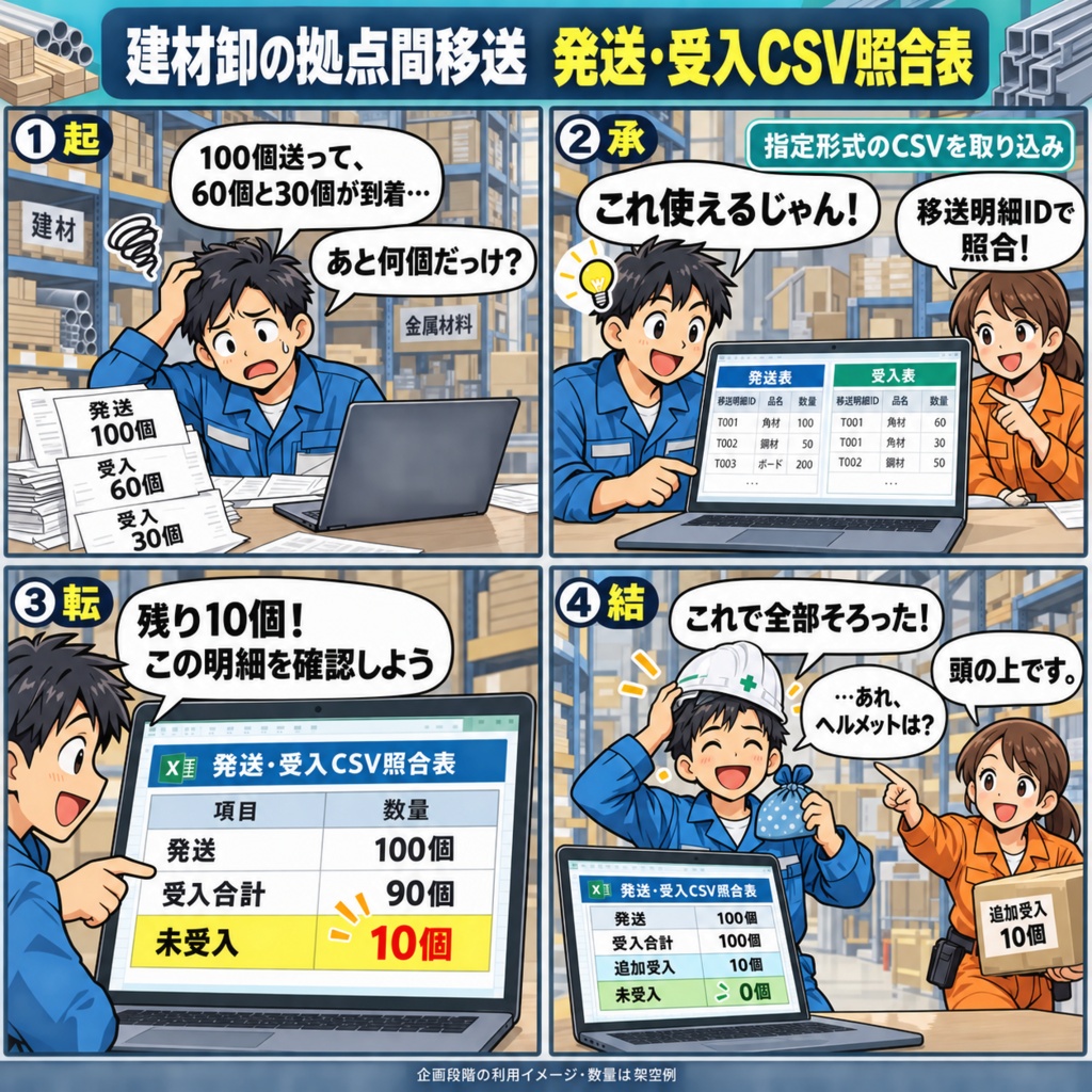 建材卸の拠点間移送 発送・受入CSV照合表 / Inter-Location Transfers for Building Materials Wholesalers: Shipping and Receiving CSV Reconciliation Sheet