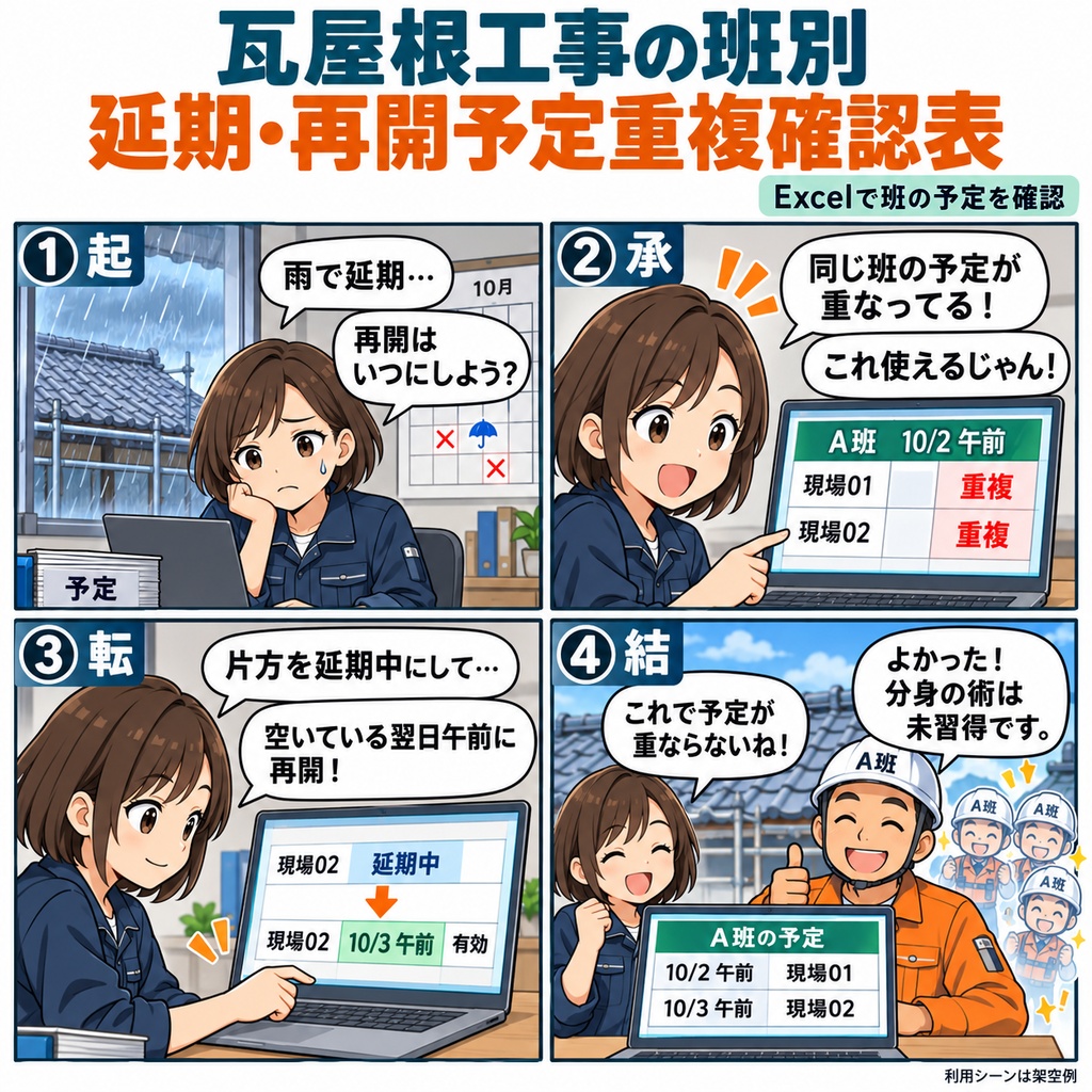 瓦屋根工事の班別 延期・再開予定重複確認表 / Tile Roofing Work: Crew-by-Crew Postponement and Resumption Schedule Overlap Checklist