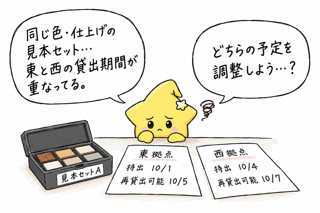 【家具メーカーの見本管理担当さんへ】拠点への貸出予定を決めるところかな。「このセット、次はいつから貸せる?」と、前の予約の日付を確かめている?
