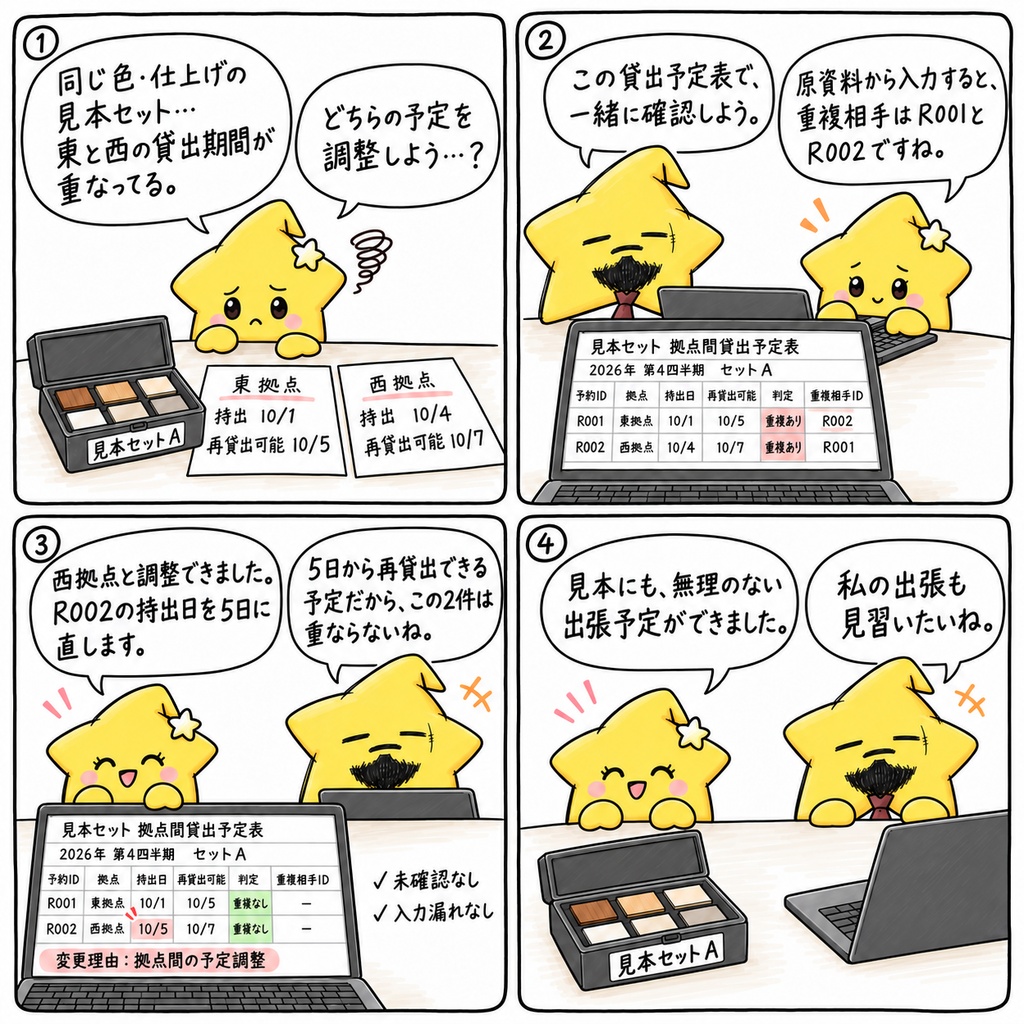 【家具メーカーの見本管理担当さんへ】拠点への貸出予定を決めるところかな。「このセット、次はいつから貸せる?」と、前の予約の日付を確かめている?
