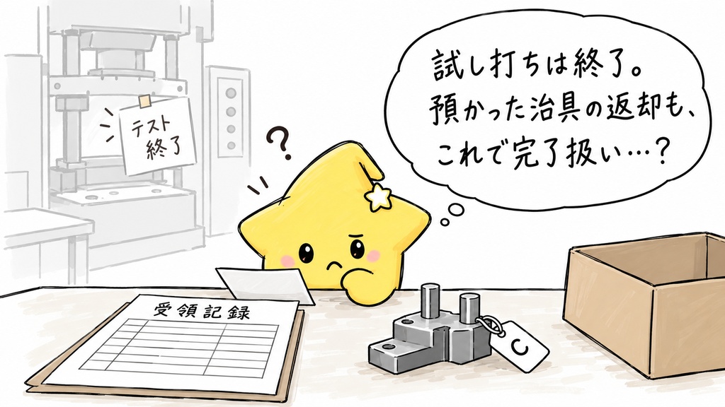 【プレス機テストの受付担当さんへ】治具の返却、おつかれさま。返却受領書を開いて、「このIDの治具は、いつお返ししたかな」と記録を見ているところかな。