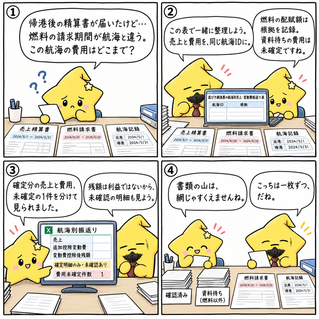 【底びき網漁の船主さんへ】おかえりなさい。帰港後のひと仕事、精算書を開いたところかな。燃料の使用記録も、そばに置いている?