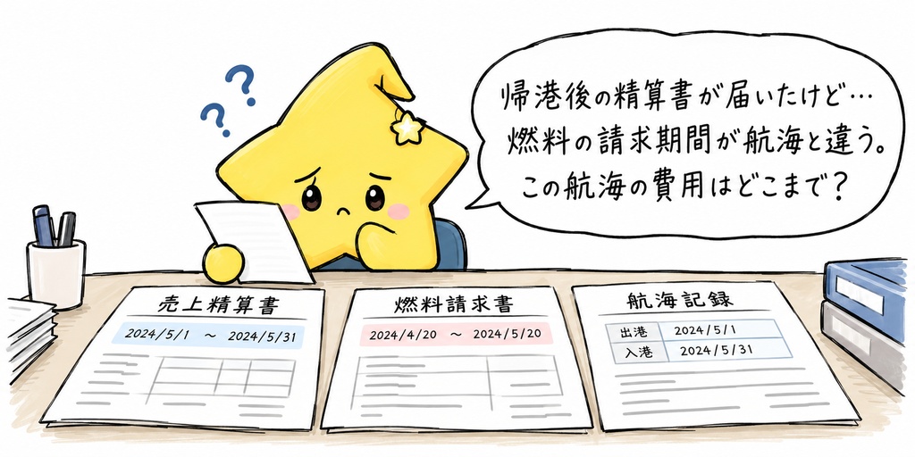 【底びき網漁の船主さんへ】おかえりなさい。帰港後のひと仕事、精算書を開いたところかな。燃料の使用記録も、そばに置いている？