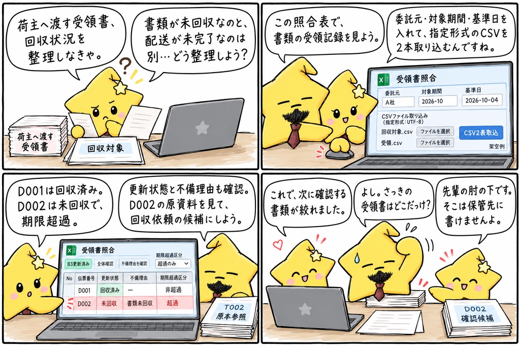 【受領書の回収担当さんへ】荷主へ渡す分をそろえる時間かな。「この受領書、戻っていたかな」と、回収対象と受領の記録を見比べているところ?
