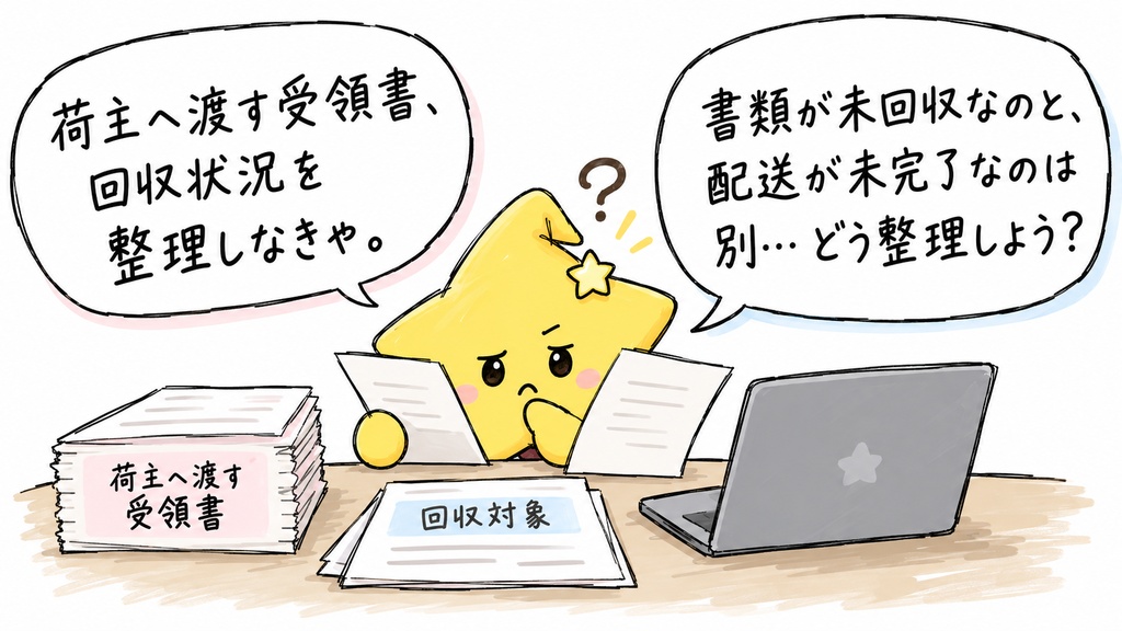 【受領書の回収担当さんへ】荷主へ渡す分をそろえる時間かな。「この受領書、戻っていたかな」と、回収対象と受領の記録を見比べているところ？