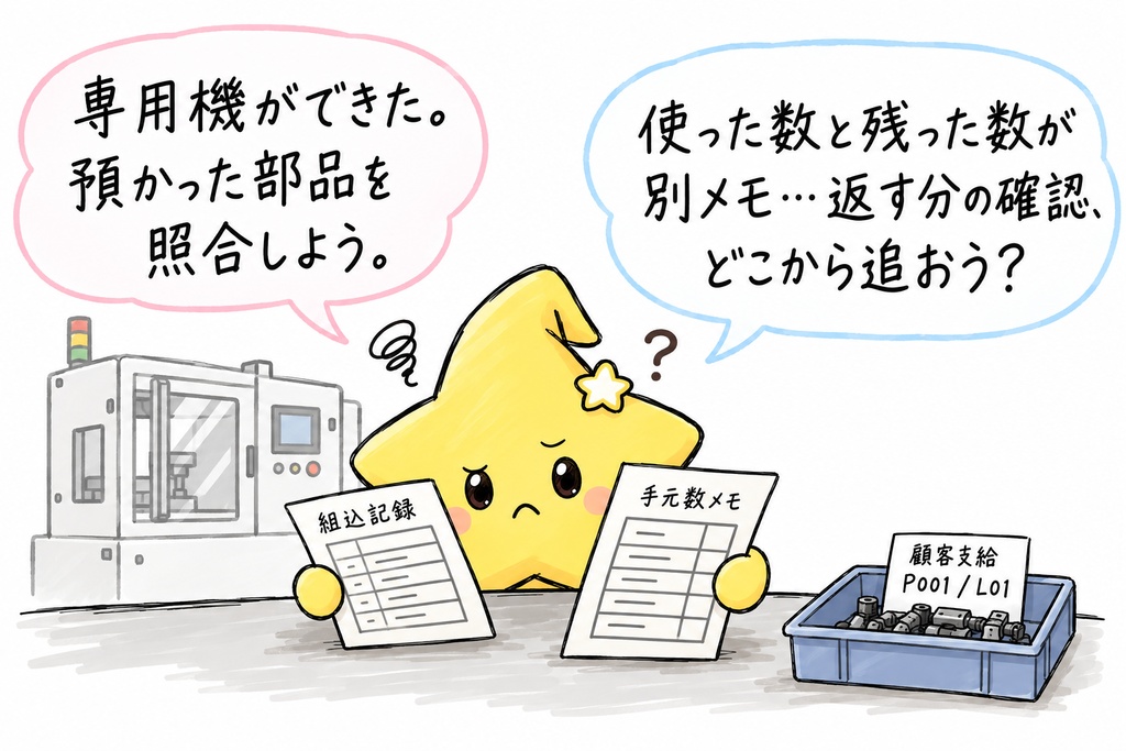 【専用機が仕上がった担当さんへ】お疲れさま。お客さまから預かった部品、いま残った数を数えながら、組み込んだ数の記録を確かめているところかな?
