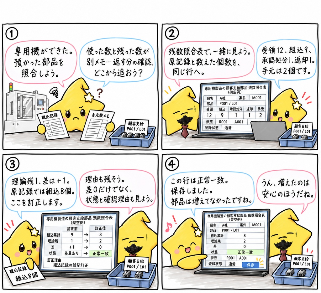 【専用機が仕上がった担当さんへ】お疲れさま。お客さまから預かった部品、いま残った数を数えながら、組み込んだ数の記録を確かめているところかな?