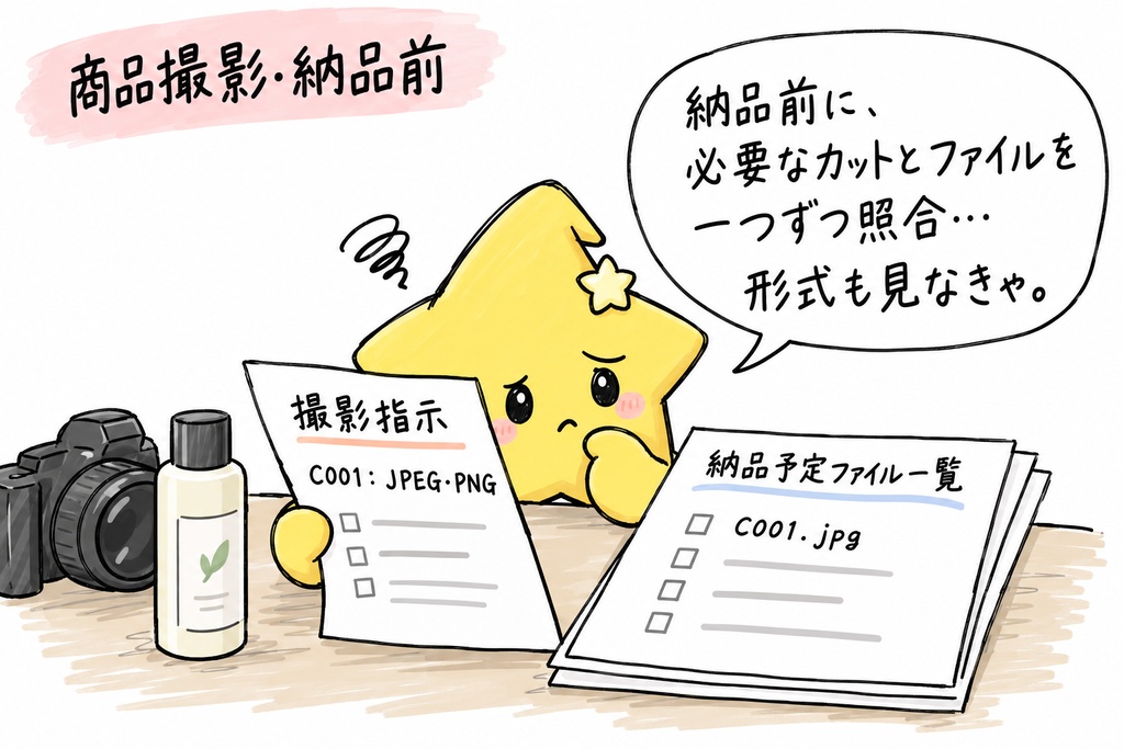 【商品撮影をするあなたへ】納品前の確認中かな。カット指示を一つ見て、納品予定の一覧へ目を戻す。その行き来も、気を使うね。