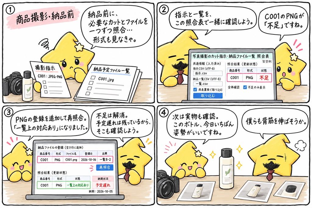 【商品撮影をするあなたへ】納品前の確認中かな。カット指示を一つ見て、納品予定の一覧へ目を戻す。その行き来も、気を使うね。