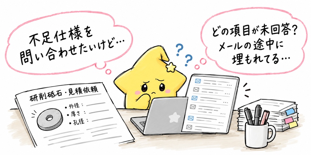 【研削砥石の受注事務さんへ】仕様の回答メールを開いているんだね。この孔径、返事は届いていたけれど、技術担当の確認はどうだったかな。