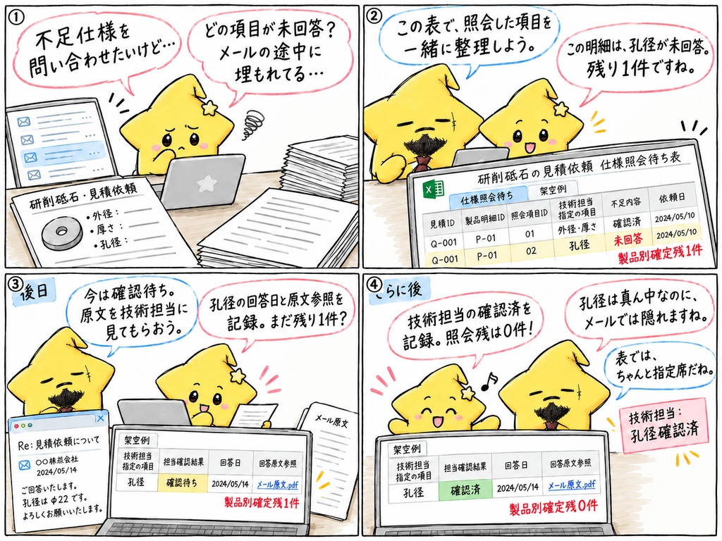 【研削砥石の受注事務さんへ】仕様の回答メールを開いているんだね。この孔径、返事は届いていたけれど、技術担当の確認はどうだったかな。