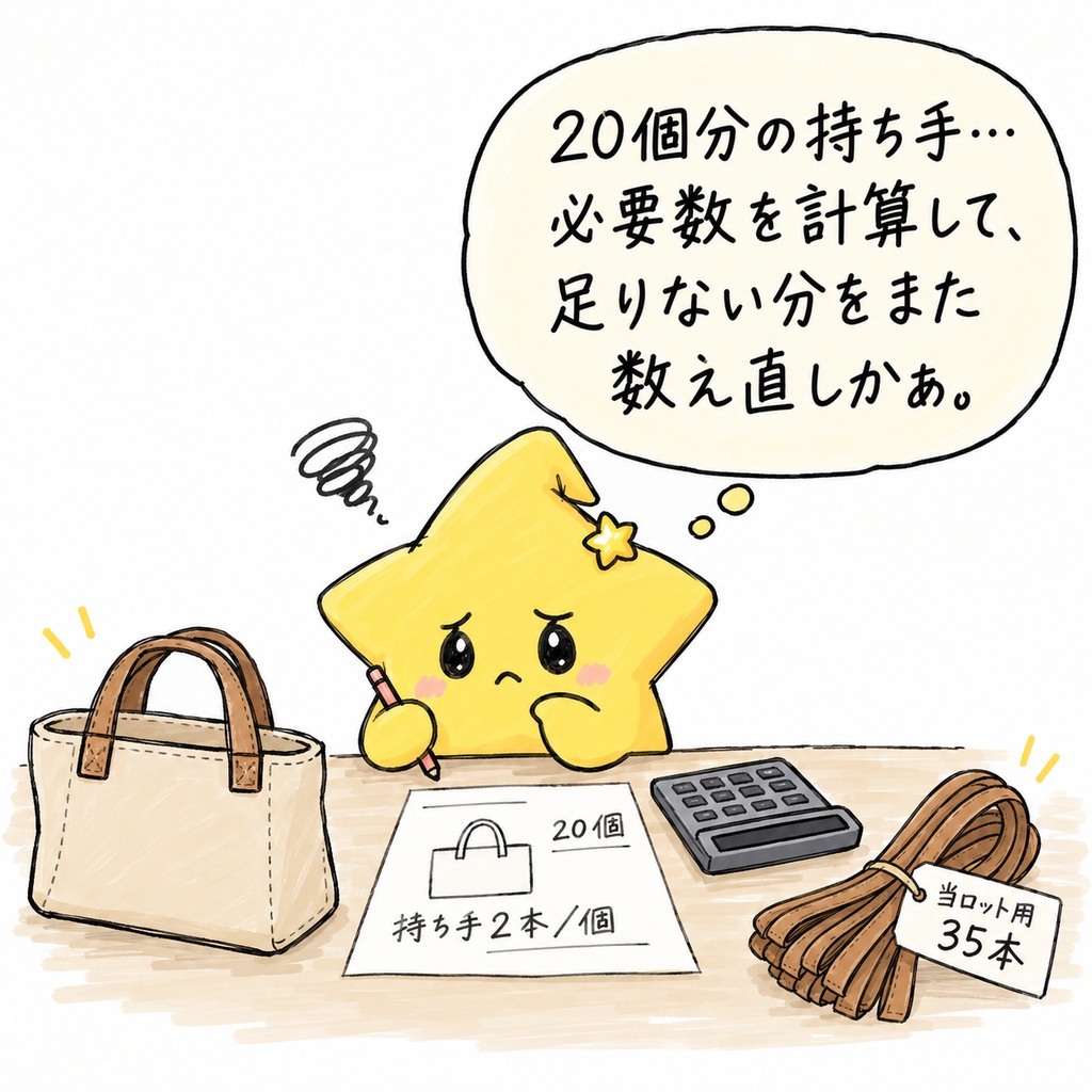 【かばん工房で持ち手をそろえるあなたへ】同じかばんをまとめて作る前、仕様書を開いて、今回使える持ち手の本数を確かめているところかな。
