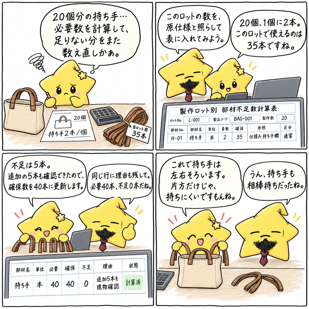 【かばん工房で持ち手をそろえるあなたへ】同じかばんをまとめて作る前、仕様書を開いて、今回使える持ち手の本数を確かめているところかな。