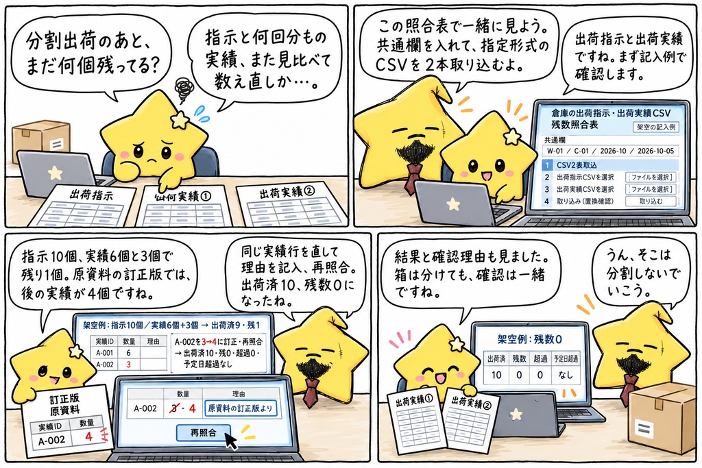 【倉庫の出荷事務を担当するあなたへ】同じ指示の出荷実績が、何回かに分かれているんだね。あと何個か、指示の数に戻って確かめているところ?