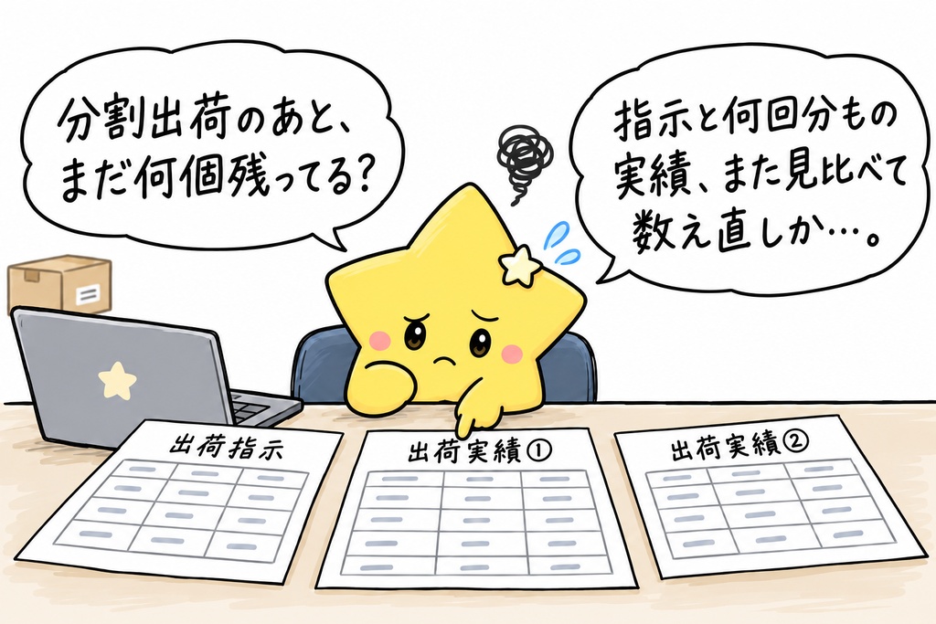 【倉庫の出荷事務を担当するあなたへ】同じ指示の出荷実績が、何回かに分かれているんだね。あと何個か、指示の数に戻って確かめているところ？