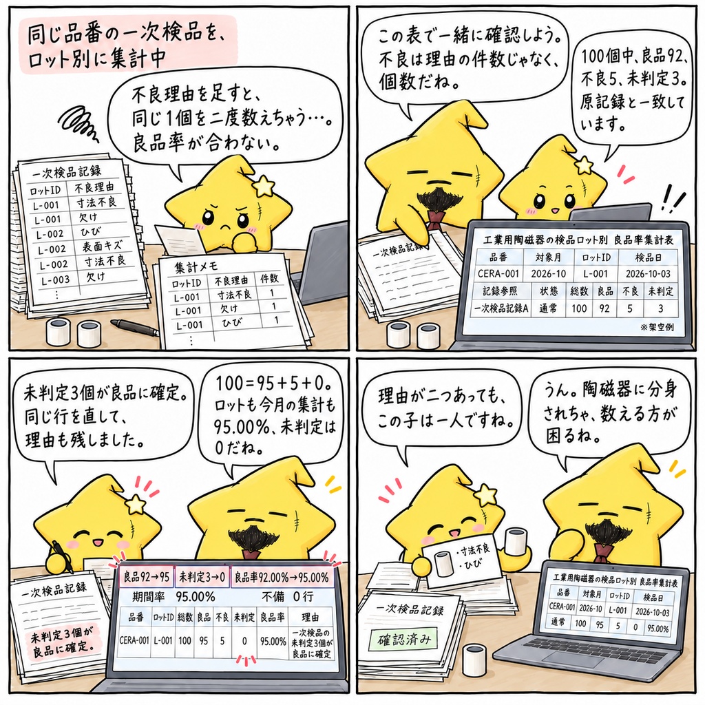 【工業用陶磁器の検品記録をまとめるあなたへ】ロットの総数と内訳を、もう一度見比べているところかな。同じ不良品に理由が二つあるとき、個数を確かめる手が止まることもあるね。
