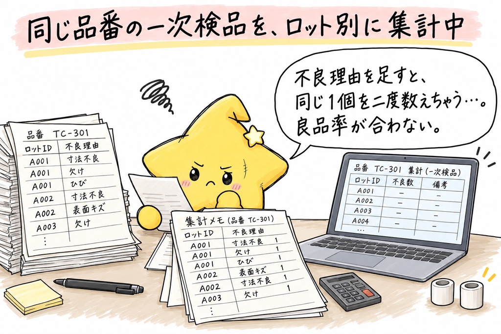 【工業用陶磁器の検品記録をまとめるあなたへ】ロットの総数と内訳を、もう一度見比べているところかな。同じ不良品に理由が二つあるとき、個数を確かめる手が止まることもあるね。