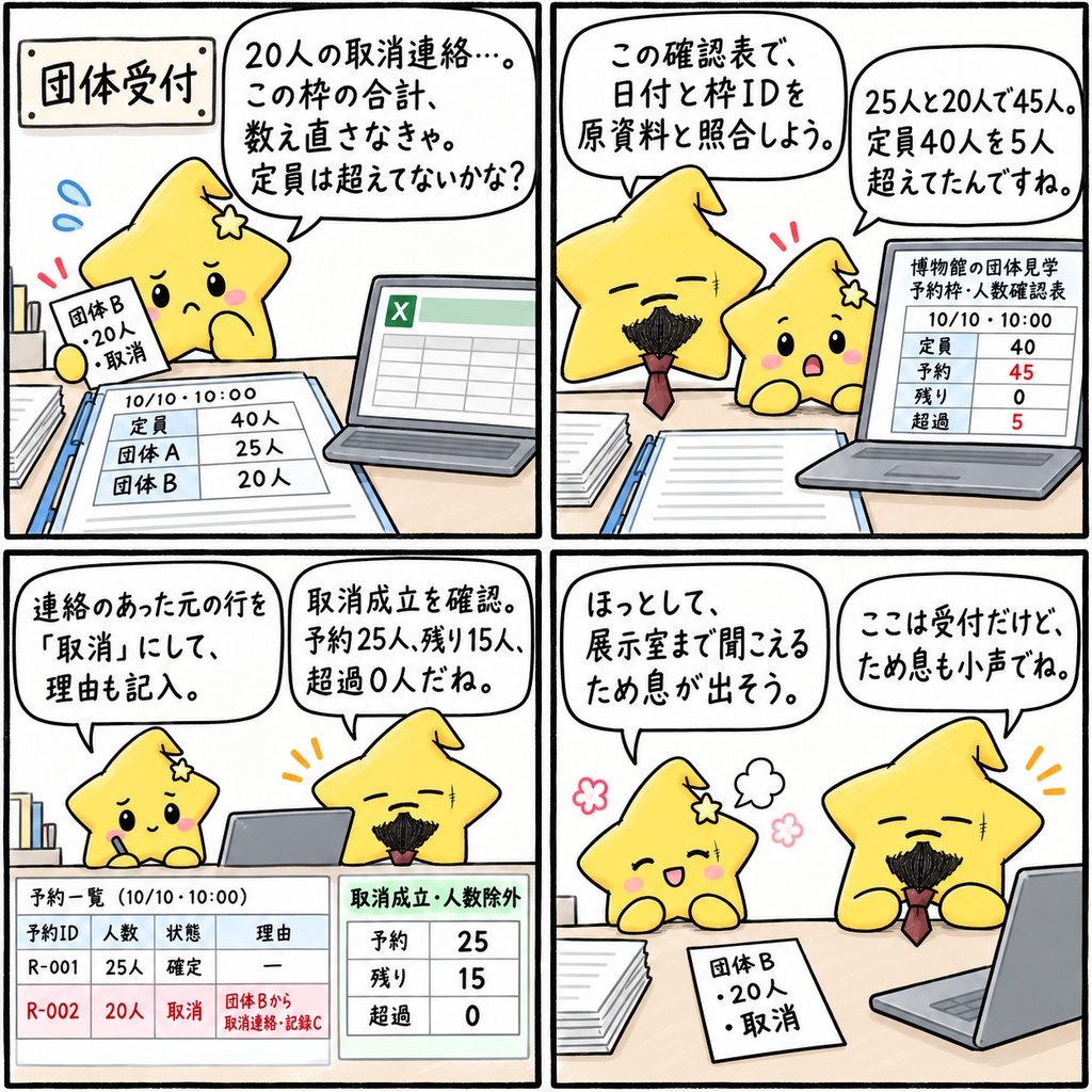 【博物館・美術館の団体受付さんへ】見学人数が増える連絡、受けたところかな。その時間枠の合計と定員を、もう一度確かめたいね。
