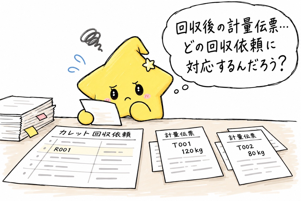【カレット回収の事務担当さんへ】計量伝票をまとめているんだね。「これはどの回収の分かな」と、依頼の一覧をたどっているところ？