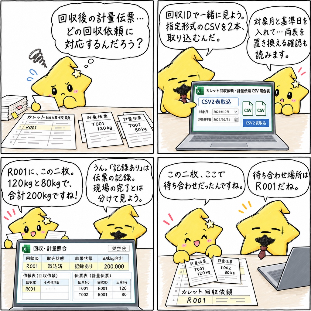 【カレット回収の事務担当さんへ】計量伝票をまとめているんだね。「これはどの回収の分かな」と、依頼の一覧をたどっているところ?