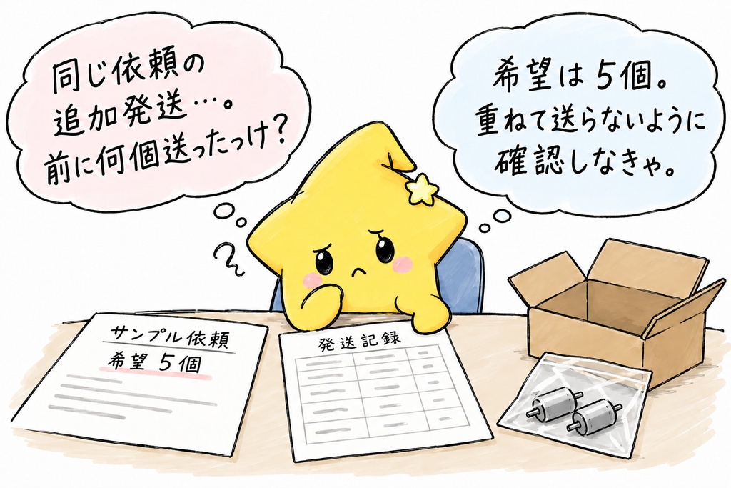 【小形モーターのサンプル発送を担当するあなたへ】同じ依頼の続きの発送だね。今回の分を用意する前に、先に何個送ったか、もう一度見ておきたいね。