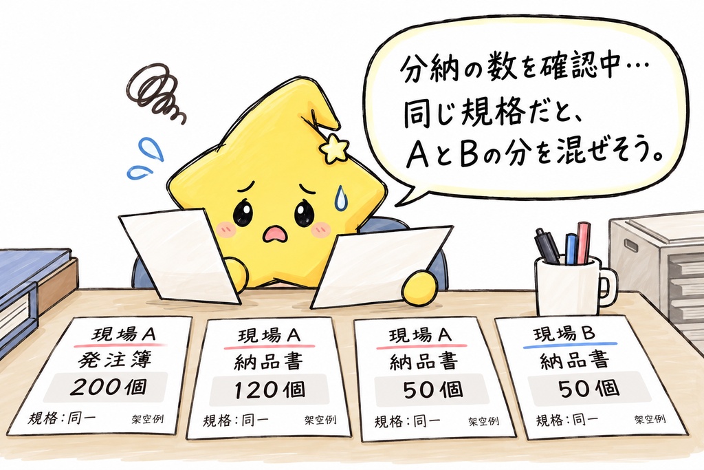 【ブロック工事の資材担当さんへ】納品書のこの個数、どの現場の分か確認しているところかな。同じ規格が並ぶときも、現場の名前を確かめながら見ていきたいね。
