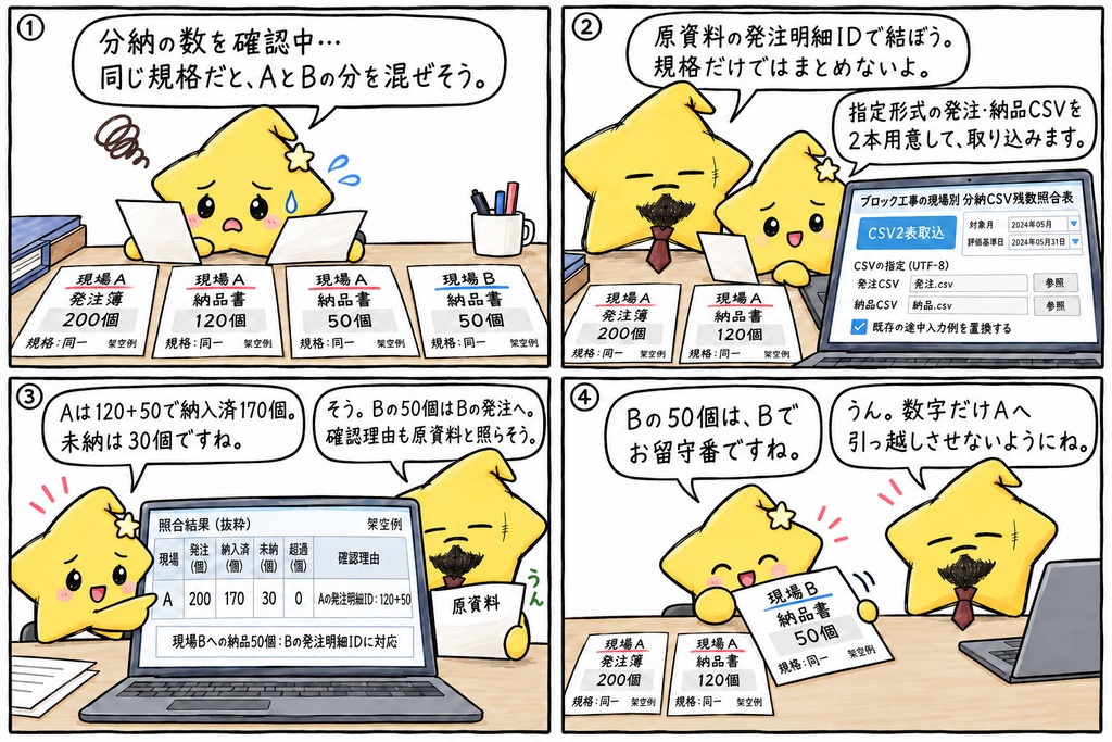 【ブロック工事の資材担当さんへ】納品書のこの個数、どの現場の分か確認しているところかな。同じ規格が並ぶときも、現場の名前を確かめながら見ていきたいね。