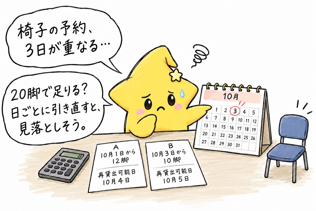 【椅子の貸出担当さんへ】こちらも、あちらも同じ日の予約だね。返事をする前に、その日に何脚必要か確かめているところ？