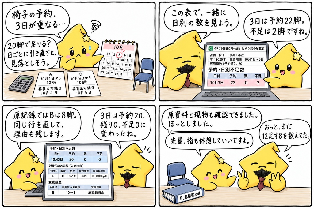 【椅子の貸出担当さんへ】こちらも、あちらも同じ日の予約だね。返事をする前に、その日に何脚必要か確かめているところ?