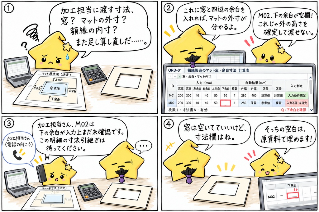 額縁製造のマット外寸計算|窓寸法・4辺余白・マット外寸 Excel